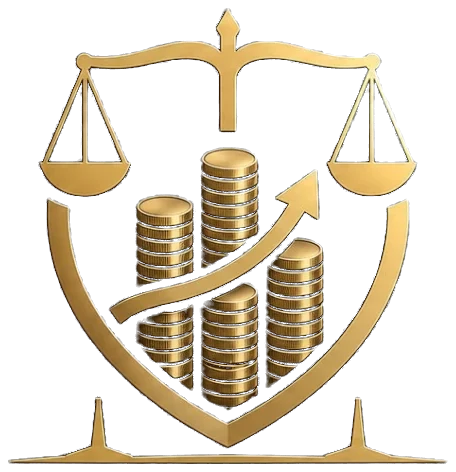 Emblema de Peritajes Guerrero: balanza de la justicia sobre escudo con monedas y flecha ascendente